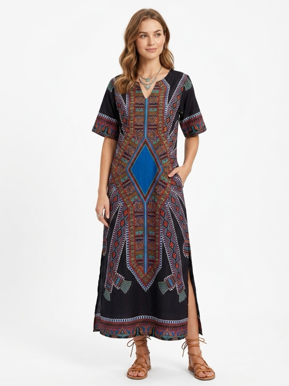 Vintage Dashiki Kaftan Maxi Dress V-Neck Geometric Black Multi Size M